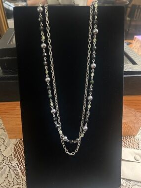 Artisan double strand, long fashion, pearl, and crystal beaded necklace